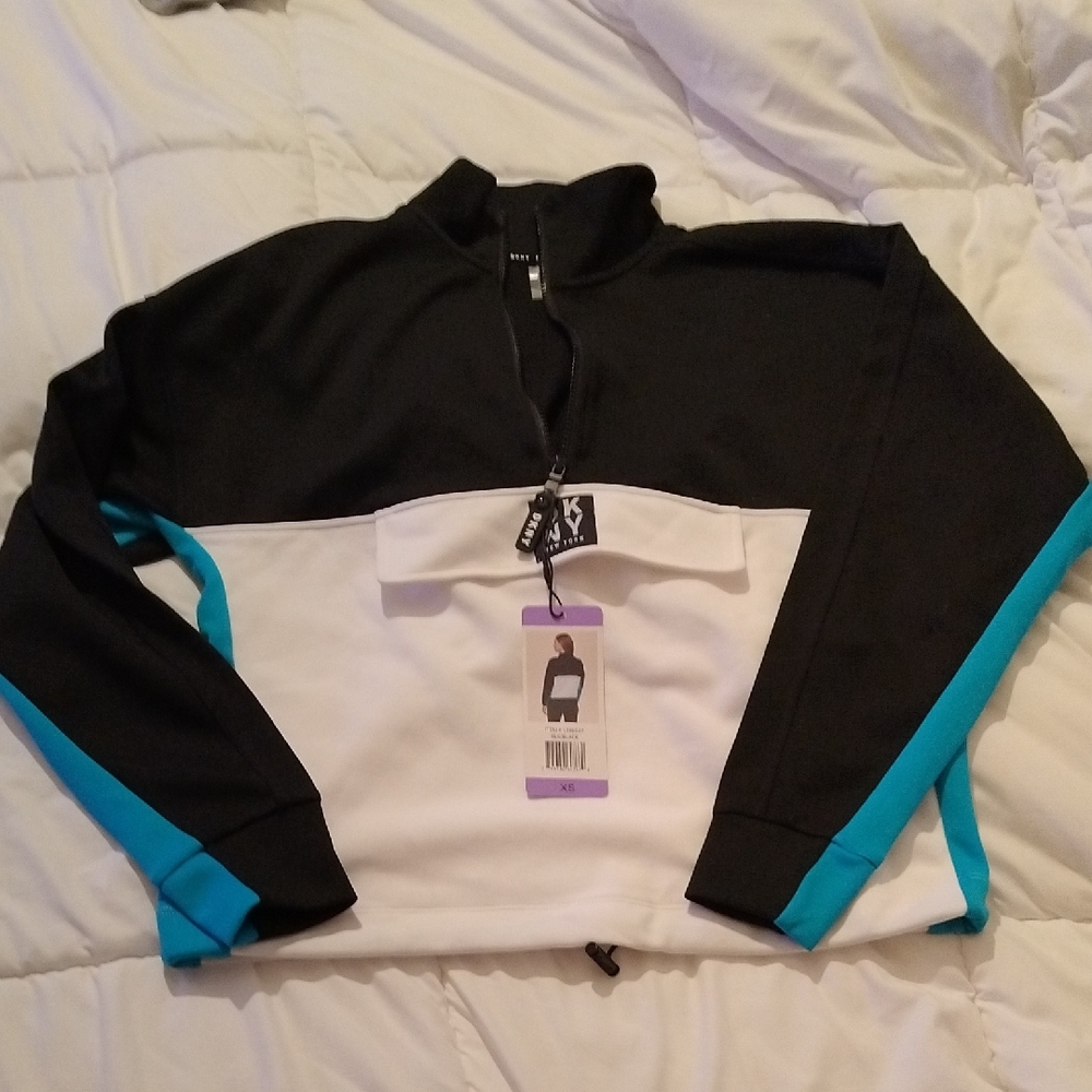 NWT DKNY Black, Blue and White Colorblock Half-Zip Pullover - XS